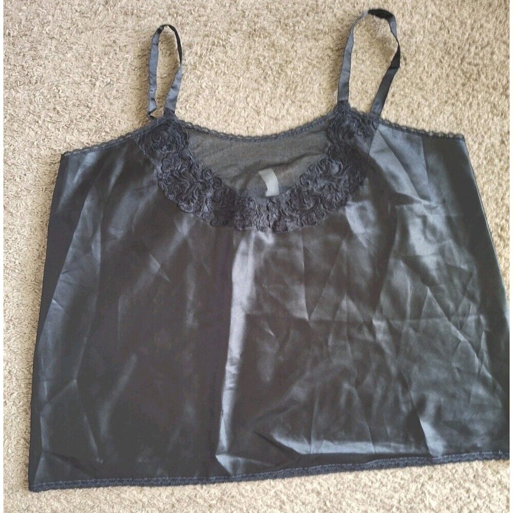 VTG Lace Trim Satin Camisole Crop Tank Top Size 3X Black Fairy Dainty Feminine